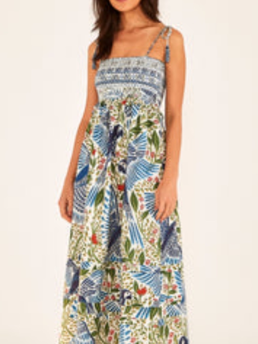 FARM Rio Blue White Green Floral Bird Maxi Dress